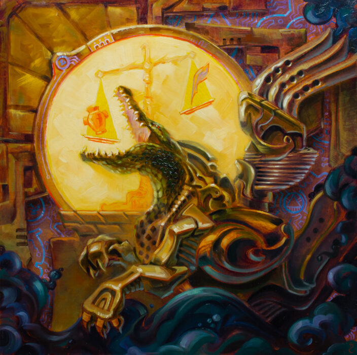 The Ammit Engine is a visionary oil painting by Dan Cohen