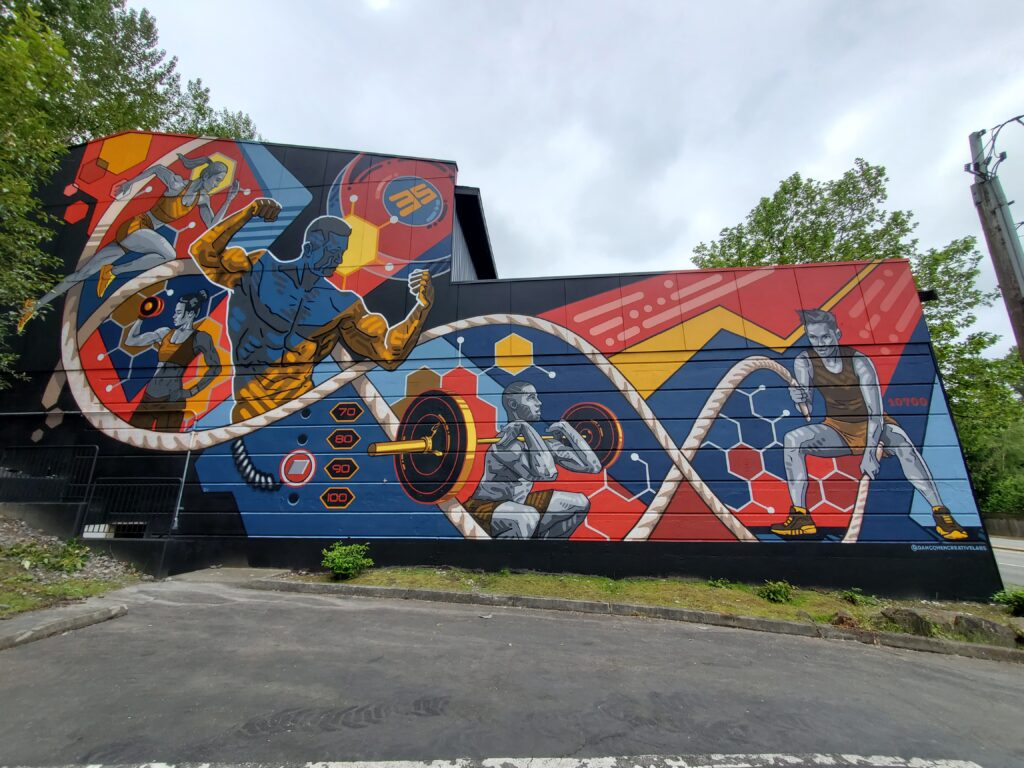 Fitness Compound Mural is a large scale painting painted on a fitness center in Bothell WA